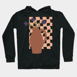 large terracotta vase with a trio of blue flowers on checkerboard background Hoodie